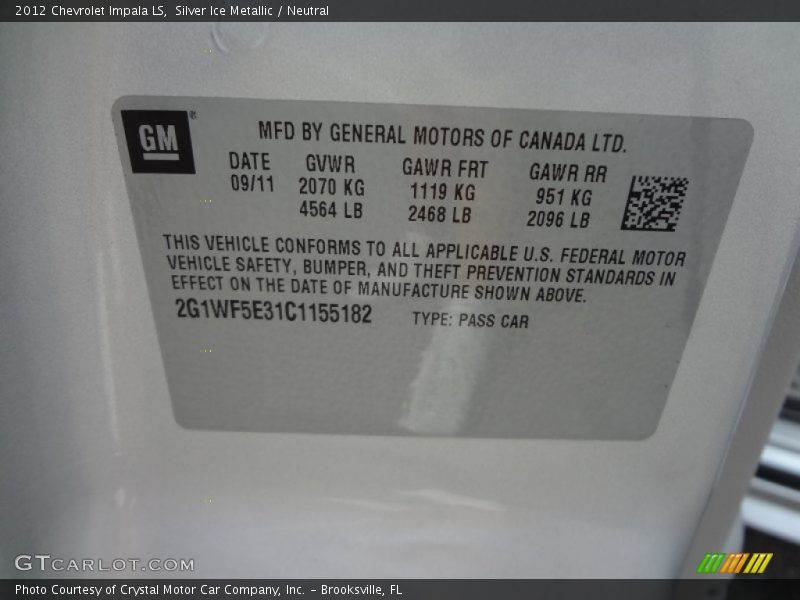 Silver Ice Metallic / Neutral 2012 Chevrolet Impala LS