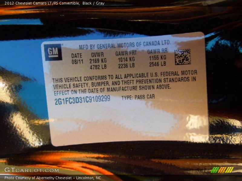 Black / Gray 2012 Chevrolet Camaro LT/RS Convertible