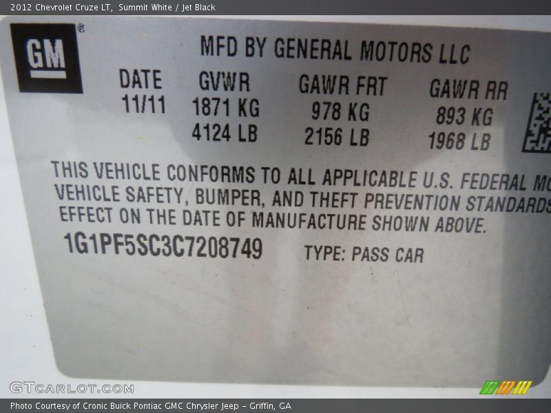 Summit White / Jet Black 2012 Chevrolet Cruze LT