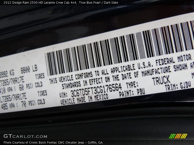 2012 Ram 2500 HD Laramie Crew Cab 4x4 True Blue Pearl Color Code PBU