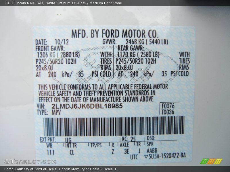 White Platinum Tri-Coat / Medium Light Stone 2013 Lincoln MKX FWD