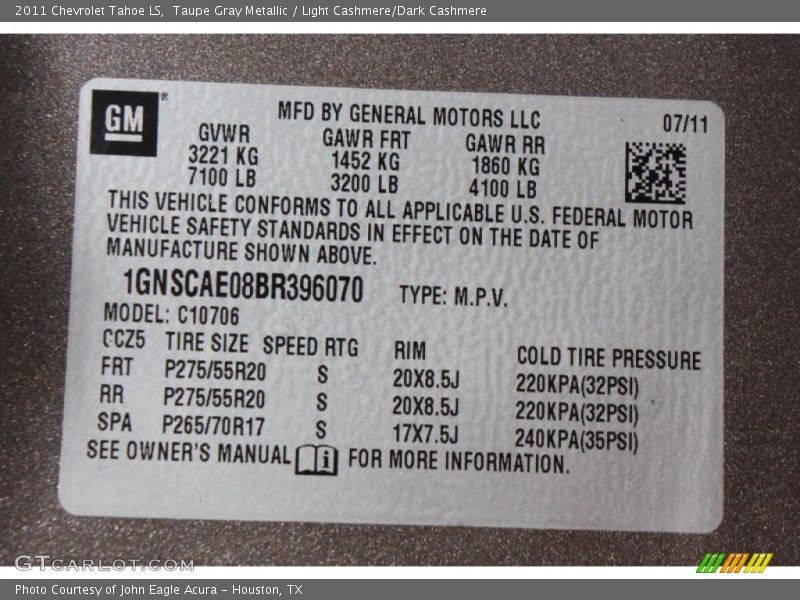 Taupe Gray Metallic / Light Cashmere/Dark Cashmere 2011 Chevrolet Tahoe LS