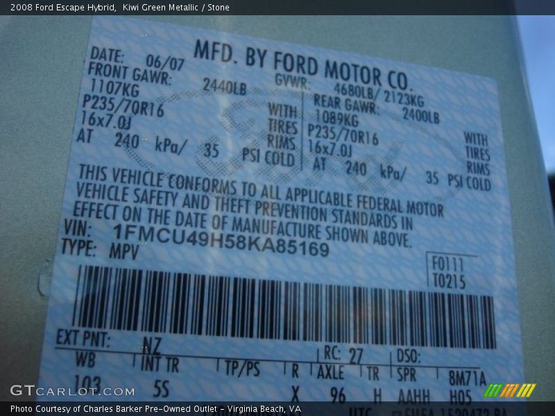 Kiwi Green Metallic / Stone 2008 Ford Escape Hybrid
