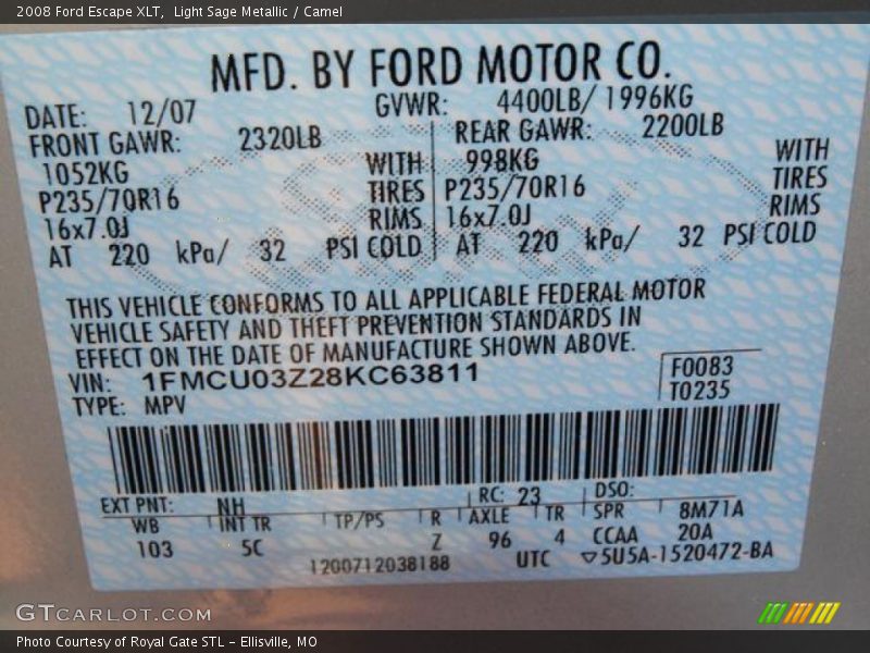 Light Sage Metallic / Camel 2008 Ford Escape XLT