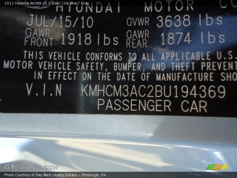 Ice Blue / Gray 2011 Hyundai Accent GS 3 Door