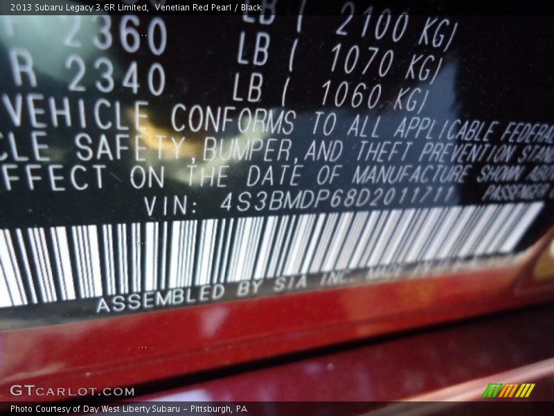 Venetian Red Pearl / Black 2013 Subaru Legacy 3.6R Limited