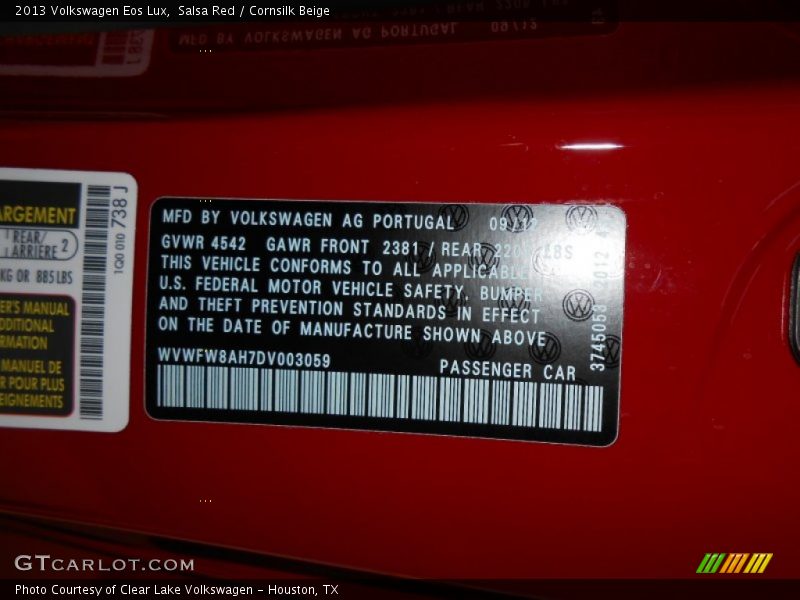 Salsa Red / Cornsilk Beige 2013 Volkswagen Eos Lux