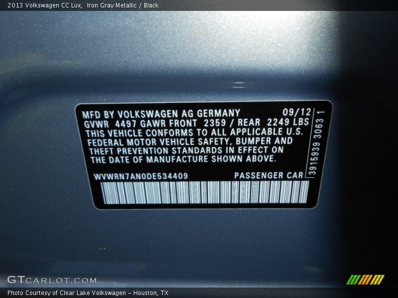 Iron Gray Metallic / Black 2013 Volkswagen CC Lux