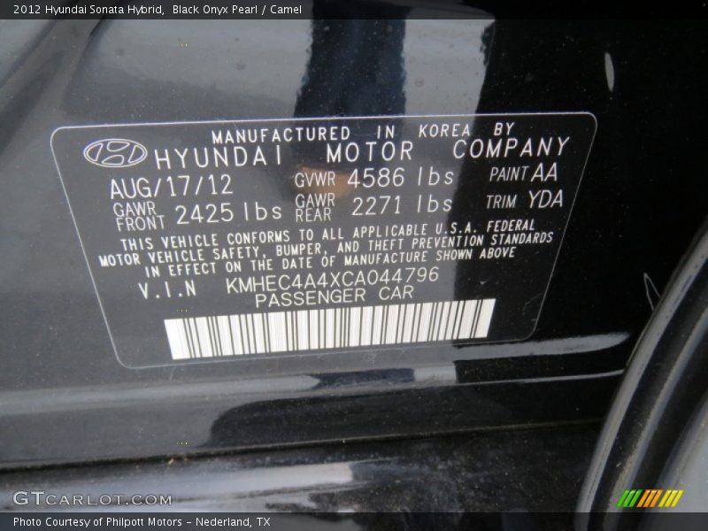 Black Onyx Pearl / Camel 2012 Hyundai Sonata Hybrid