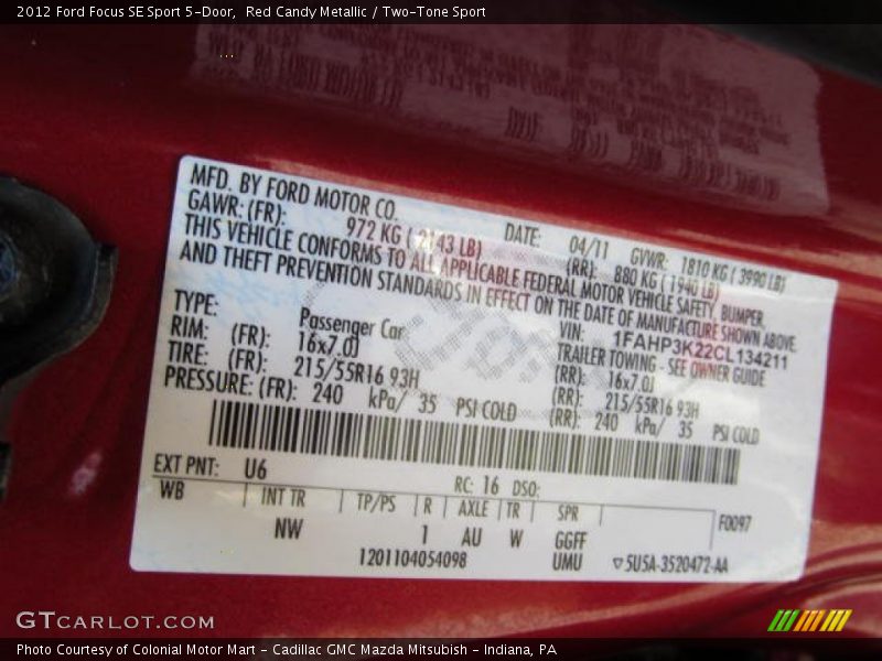 2012 Focus SE Sport 5-Door Red Candy Metallic Color Code U6