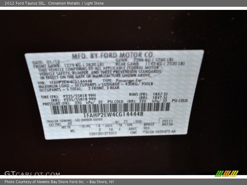 Cinnamon Metallic / Light Stone 2012 Ford Taurus SEL