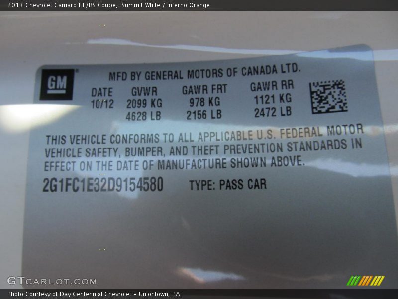 Summit White / Inferno Orange 2013 Chevrolet Camaro LT/RS Coupe