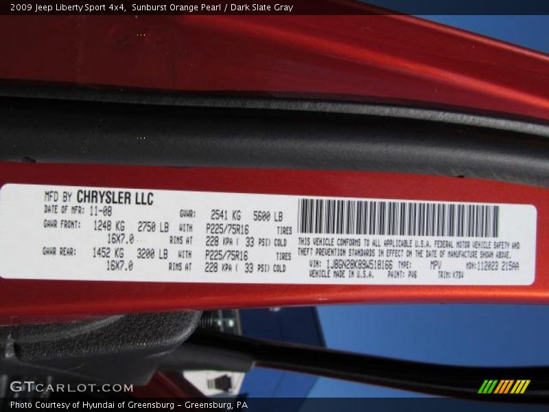 Sunburst Orange Pearl / Dark Slate Gray 2009 Jeep Liberty Sport 4x4