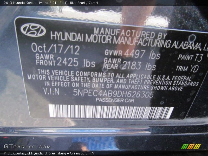 Pacific Blue Pearl / Camel 2013 Hyundai Sonata Limited 2.0T