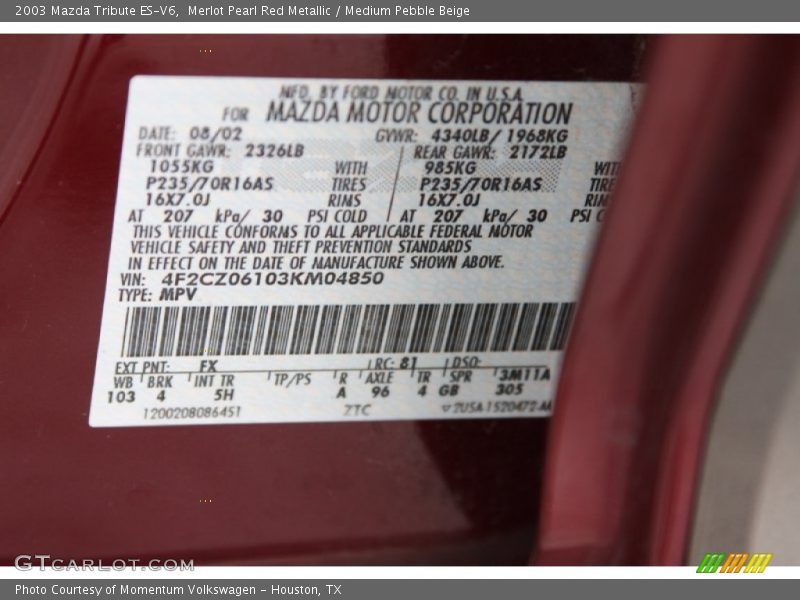 2003 Tribute ES-V6 Merlot Pearl Red Metallic Color Code FX