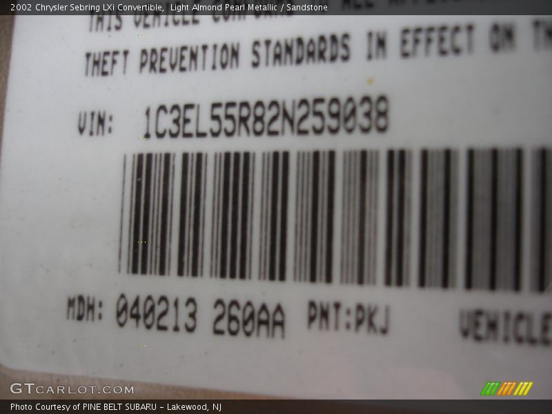 2002 Sebring LXi Convertible Light Almond Pearl Metallic Color Code PKJ