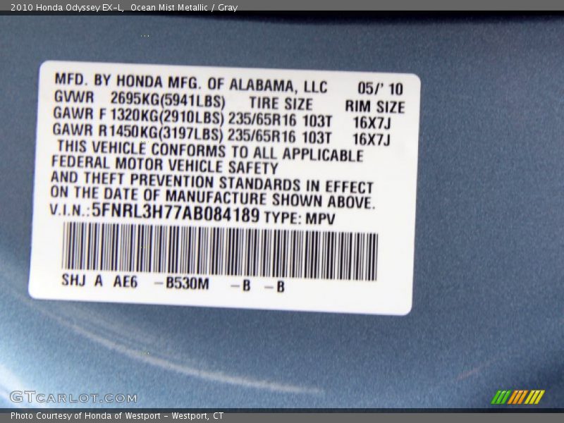 Ocean Mist Metallic / Gray 2010 Honda Odyssey EX-L