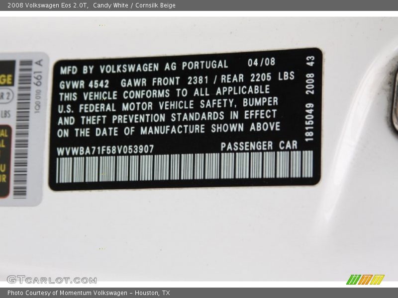 Candy White / Cornsilk Beige 2008 Volkswagen Eos 2.0T