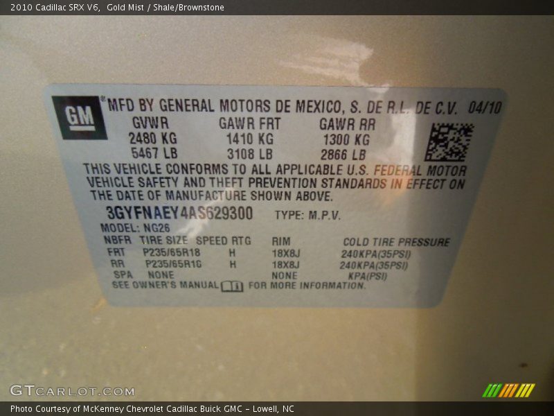 Gold Mist / Shale/Brownstone 2010 Cadillac SRX V6