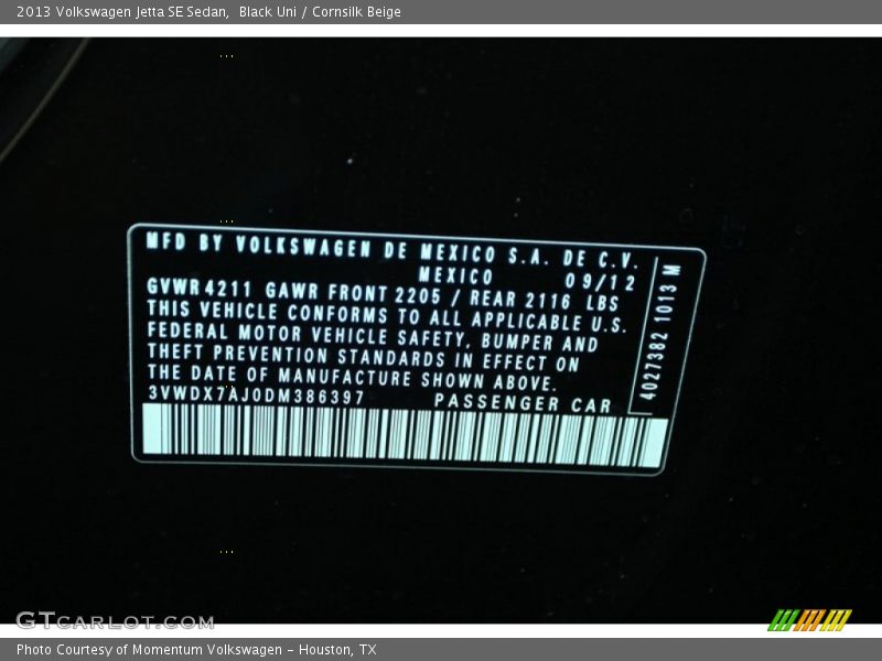 Black Uni / Cornsilk Beige 2013 Volkswagen Jetta SE Sedan