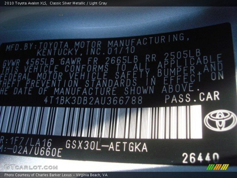 Classic Silver Metallic / Light Gray 2010 Toyota Avalon XLS