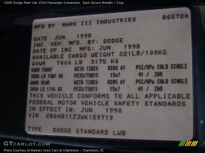 Dark Spruce Metallic / Gray 1998 Dodge Ram Van 1500 Passenger Conversion