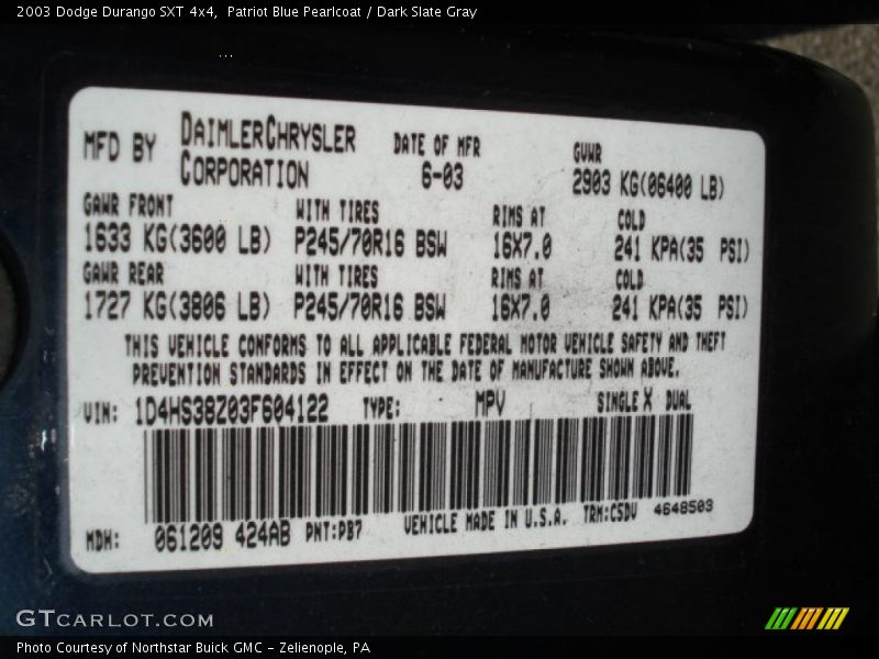 Patriot Blue Pearlcoat / Dark Slate Gray 2003 Dodge Durango SXT 4x4