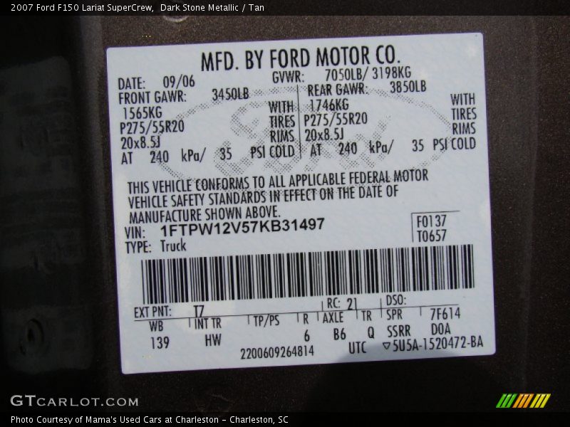 2007 F150 Lariat SuperCrew Dark Stone Metallic Color Code T7