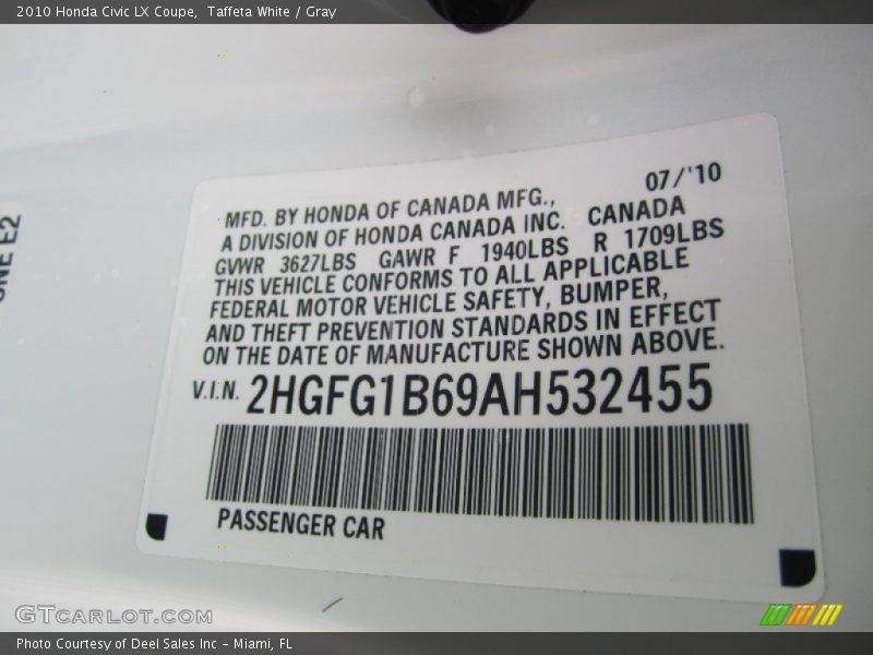 Taffeta White / Gray 2010 Honda Civic LX Coupe