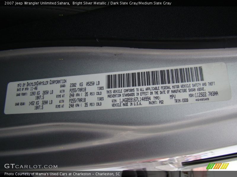 Bright Silver Metallic / Dark Slate Gray/Medium Slate Gray 2007 Jeep Wrangler Unlimited Sahara