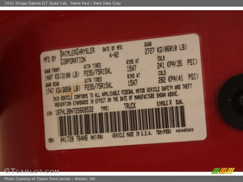 2002 Dakota SLT Quad Cab Flame Red Color Code PR4