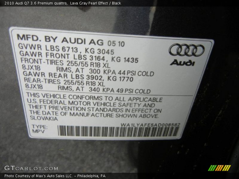 Lava Gray Pearl Effect / Black 2010 Audi Q7 3.6 Premium quattro