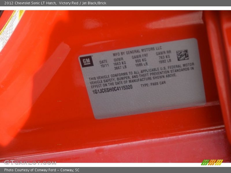 Victory Red / Jet Black/Brick 2012 Chevrolet Sonic LT Hatch