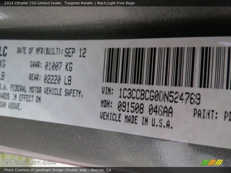 Tungsten Metallic / Black/Light Frost Beige 2013 Chrysler 200 Limited Sedan