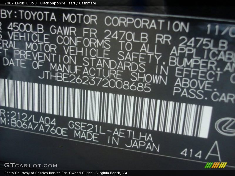 Black Sapphire Pearl / Cashmere 2007 Lexus IS 350