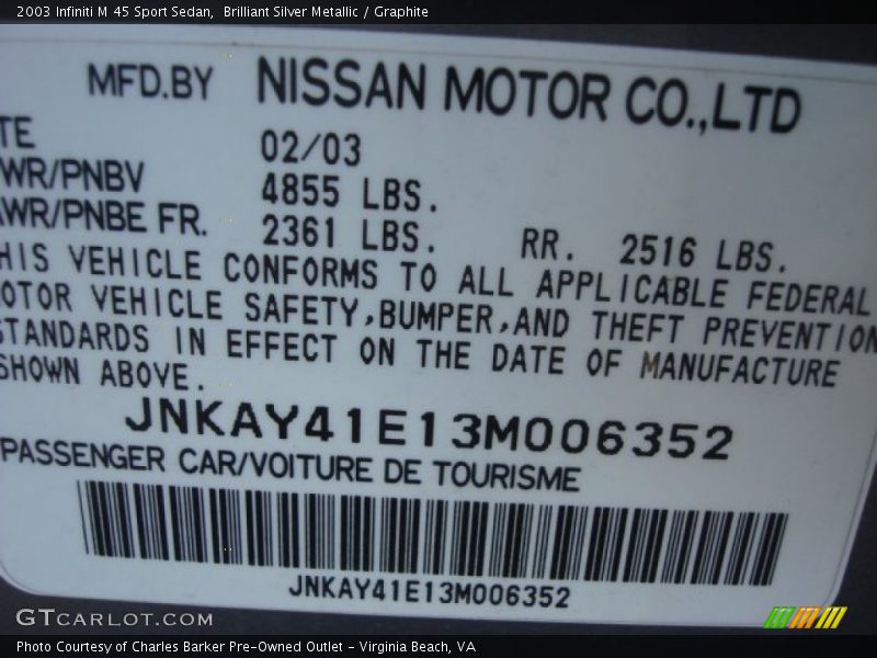 Brilliant Silver Metallic / Graphite 2003 Infiniti M 45 Sport Sedan