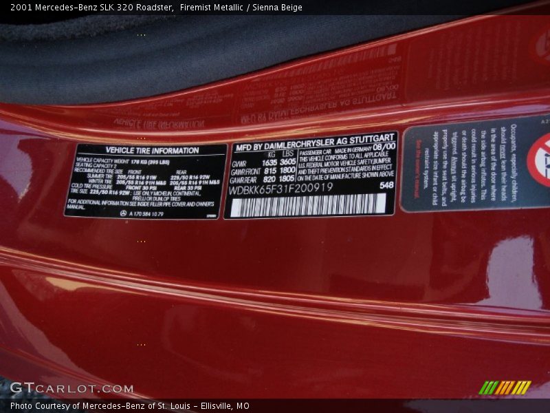 2001 SLK 320 Roadster Firemist Metallic Color Code 548