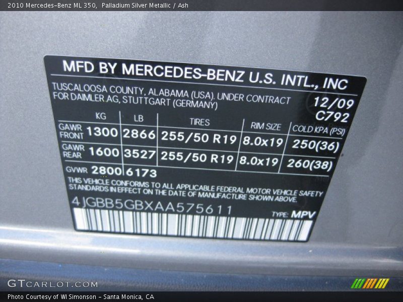 Palladium Silver Metallic / Ash 2010 Mercedes-Benz ML 350