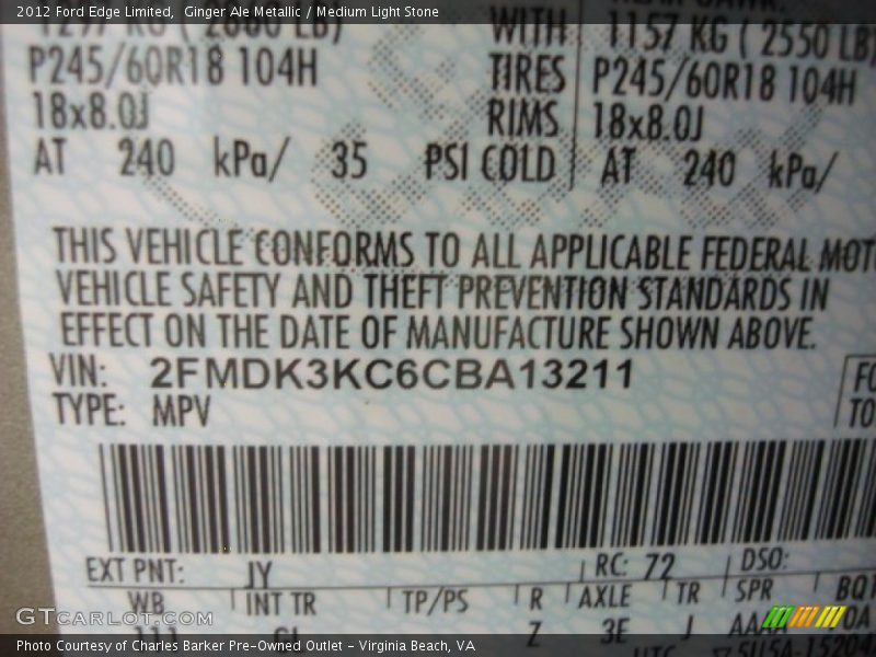 Ginger Ale Metallic / Medium Light Stone 2012 Ford Edge Limited