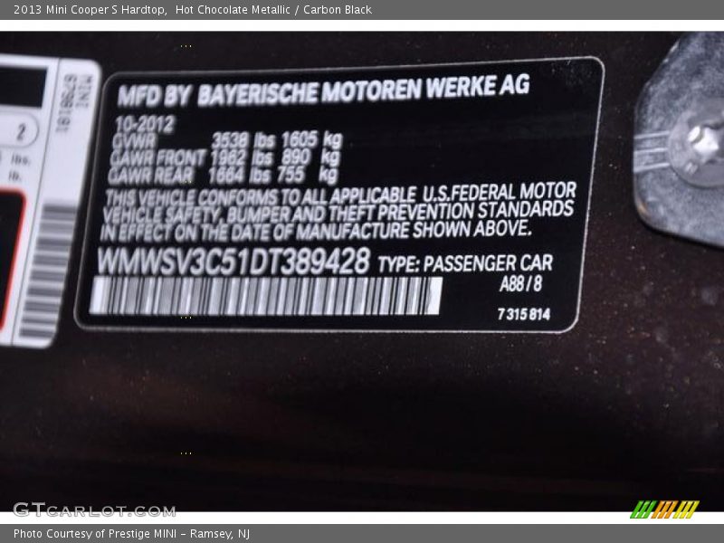 2013 Cooper S Hardtop Hot Chocolate Metallic Color Code A88