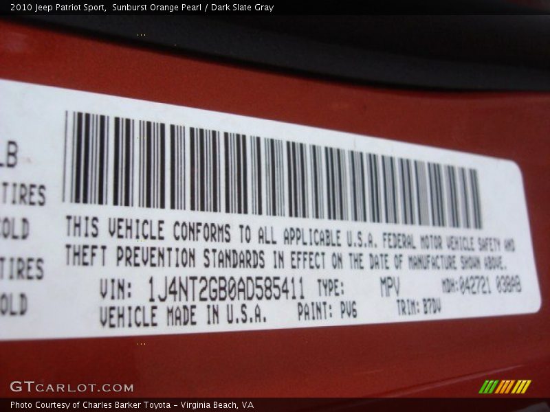 Sunburst Orange Pearl / Dark Slate Gray 2010 Jeep Patriot Sport