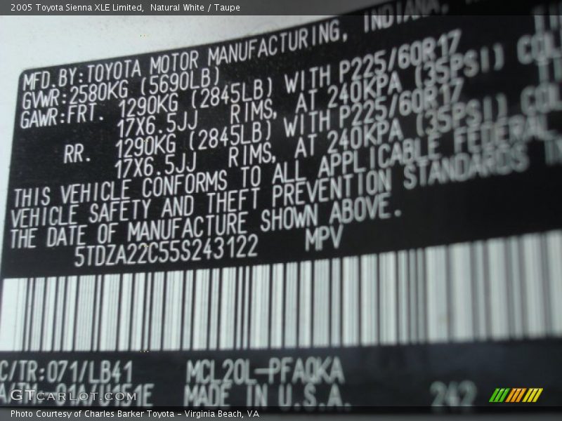 Natural White / Taupe 2005 Toyota Sienna XLE Limited