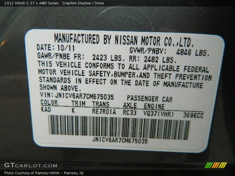 Graphite Shadow / Stone 2012 Infiniti G 37 x AWD Sedan