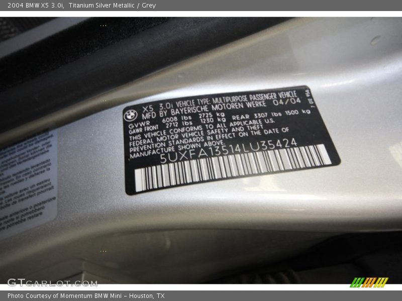 Titanium Silver Metallic / Grey 2004 BMW X5 3.0i