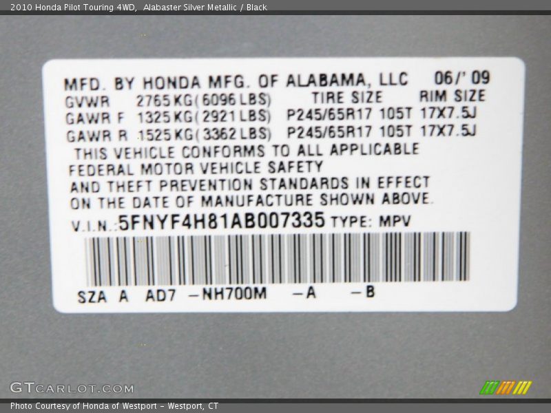 Alabaster Silver Metallic / Black 2010 Honda Pilot Touring 4WD