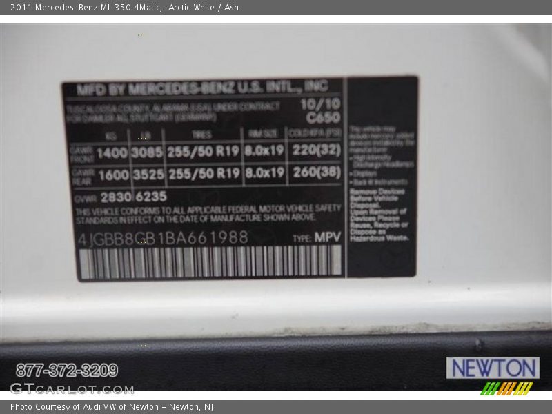 Arctic White / Ash 2011 Mercedes-Benz ML 350 4Matic
