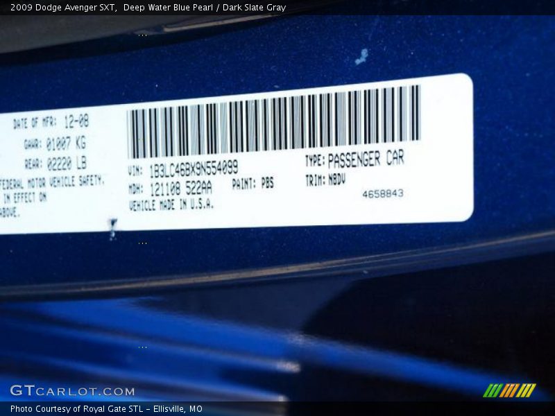Deep Water Blue Pearl / Dark Slate Gray 2009 Dodge Avenger SXT
