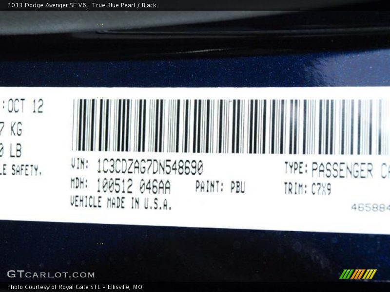 2013 Avenger SE V6 True Blue Pearl Color Code PBU