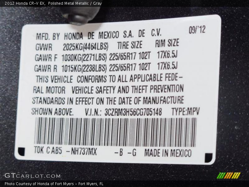 Polished Metal Metallic / Gray 2012 Honda CR-V EX