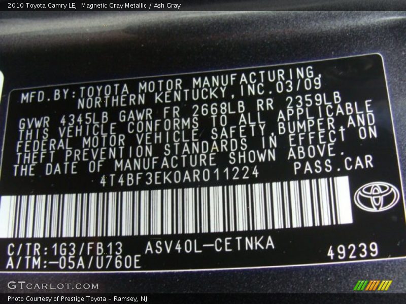 Magnetic Gray Metallic / Ash Gray 2010 Toyota Camry LE